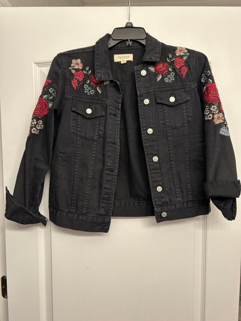 PacSun Black Denim Jacket with Red Rose & Floral Embroidery